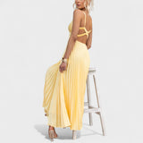 Aby - Vestido maxi amarelo plissado com decote em V